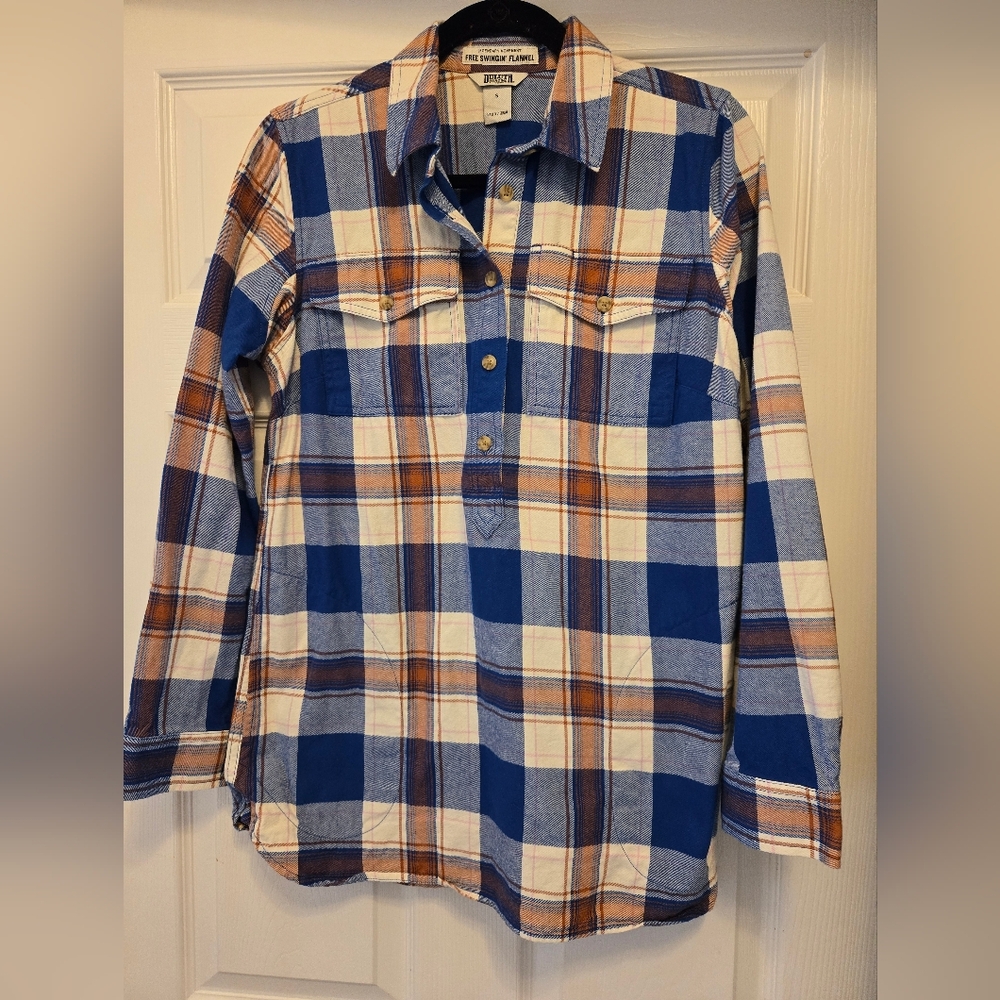 Duluth Trading Co Blue and Brown Plaid  Women's Shirt